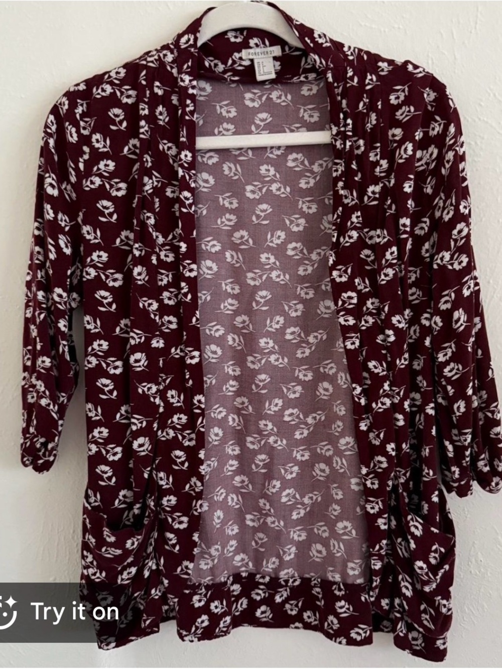 Forever 21 Burgundy and White Floral Open-Front Cardigan